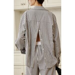 Commense Womens Medium Cotton Linen Pinstripe Loose Casual Shirt Loungewear NEW